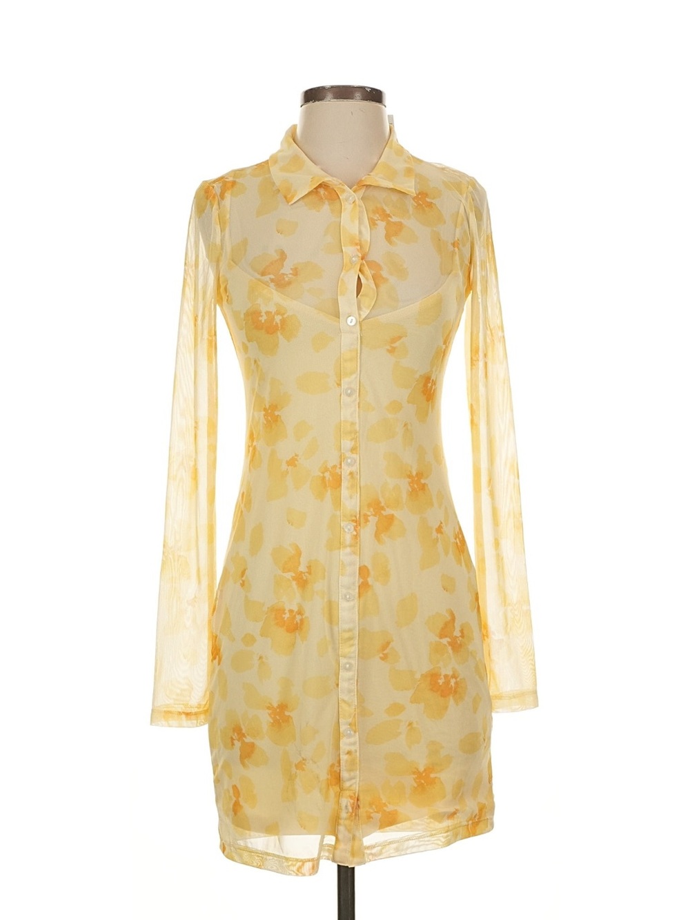 Abercrombie & Fitch Yellow Floral Sheer Long-Sleeve Shirt Dress